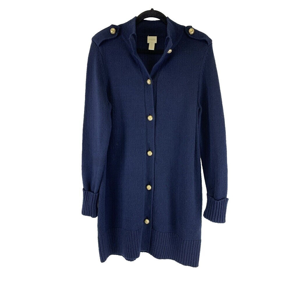 Chicos Military Knit Sweater Tunic Gold‎ Buttons Navy Blue Pockets Womens Medium